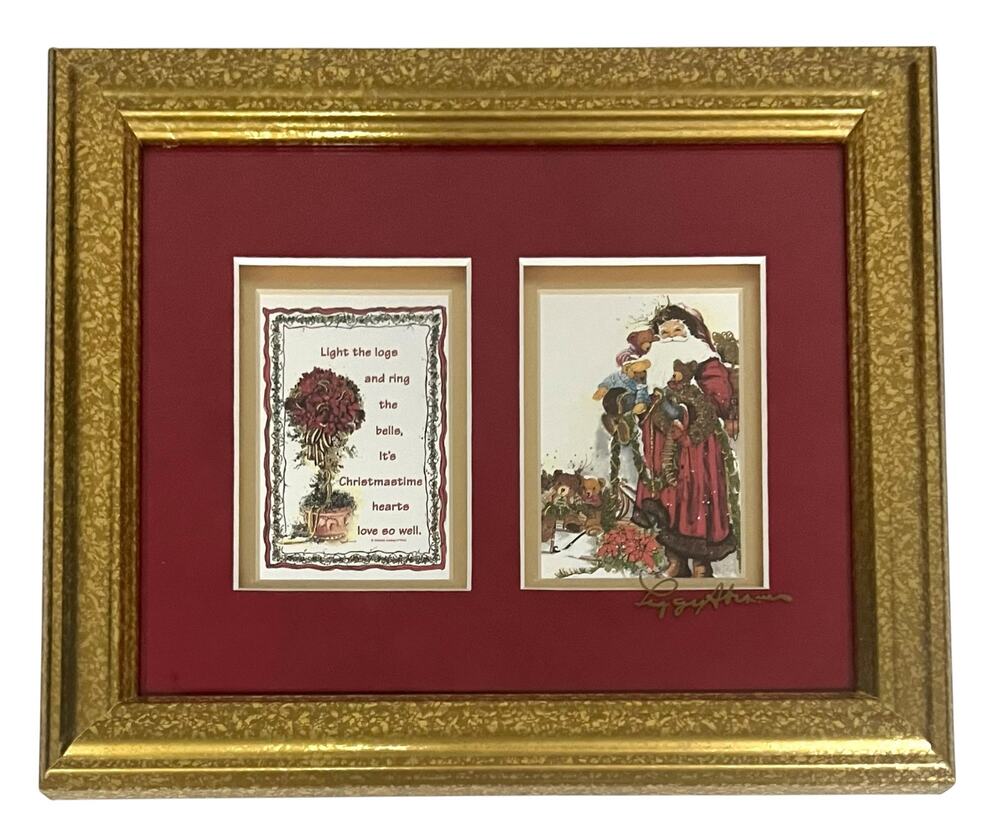 Peggy Abrams Signed Santa Print "Toys in Tow" Matted & Framed w/Glass Red Gold
